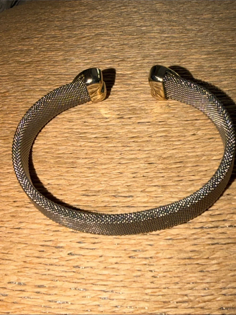 Bracelet two hearts with pave crystals silver mesh finish cuff style